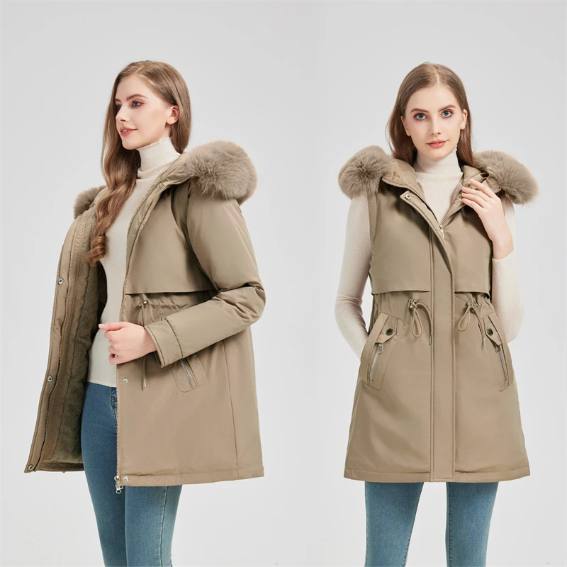 Mid Length Women Parka Thick Inside Fleece Lined Waist Tether Active Sleeves Big Fur Collar Hooded Cotton Padded Jackets Trend