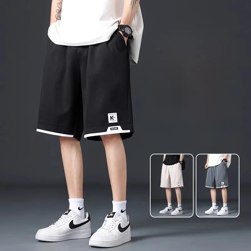 

Новые летние мужские свободные повседневные брюки из ледяного шелка Qui Dry, спортивные универсальные брюки с пятью четвертью, молодежные энергетические брюки с плоской передней частью