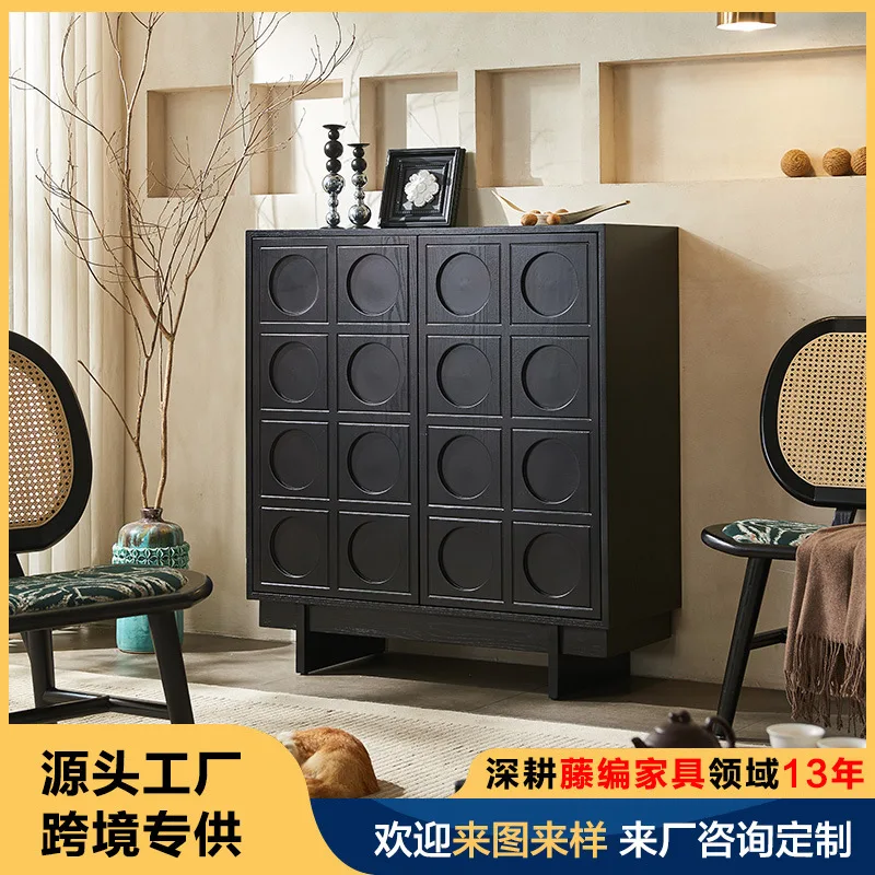 

Medieval Solid Wood Dining Side Cabinet Small Apartment Household Storage Cabinet Rattan Storage Retro Style Entrance