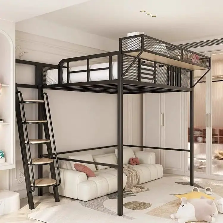 Wrought iron elevated bed sheet upper floor duplex space lower table iron frame bed second floor small apartment loft