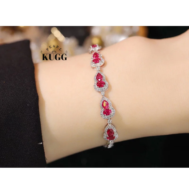 KUGG 100% 18K White Gold Bracelet Luck Gourd Shape Luxury Diamond Natural Ruby Bracelet for Women High Wedding Jewelry