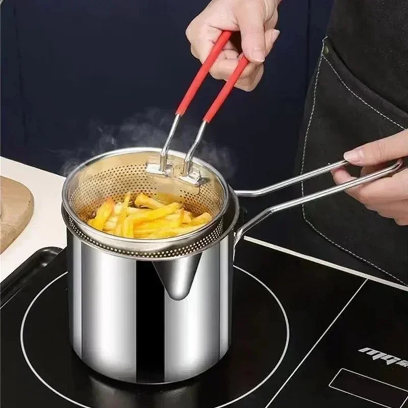 Stainless Steel Fryer Pot with Filter Screen Small Oil Pot for French Fries Chicken Wings Household Deep Fryer Cooking Tool