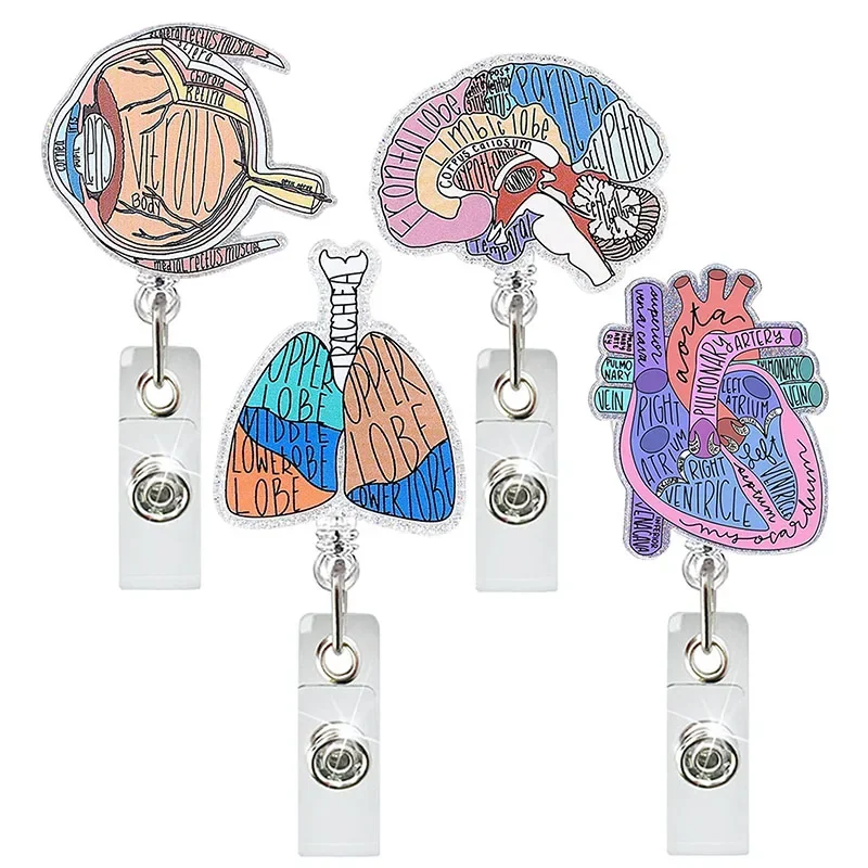 Glitter Acrylic Organ Lung Brain Heart Badge Reel Retractable ID Badge Holder With 360 Rotating Alligator Clip Nurse Name Holder