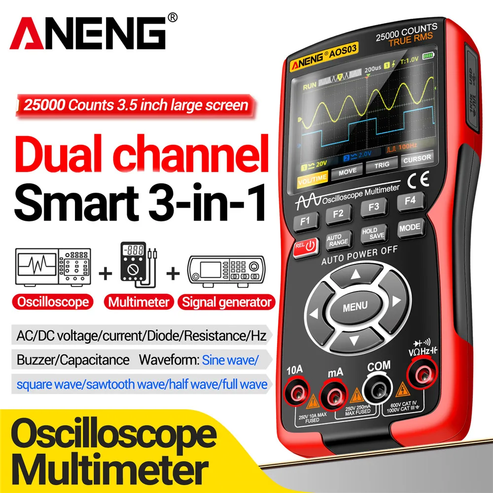 ANENG Digital Oscilloscope Multimeter 50MHz Bandwidth 280MSa/s Signal Generator Waveform Data Storage Dual Channel Tester AOS03