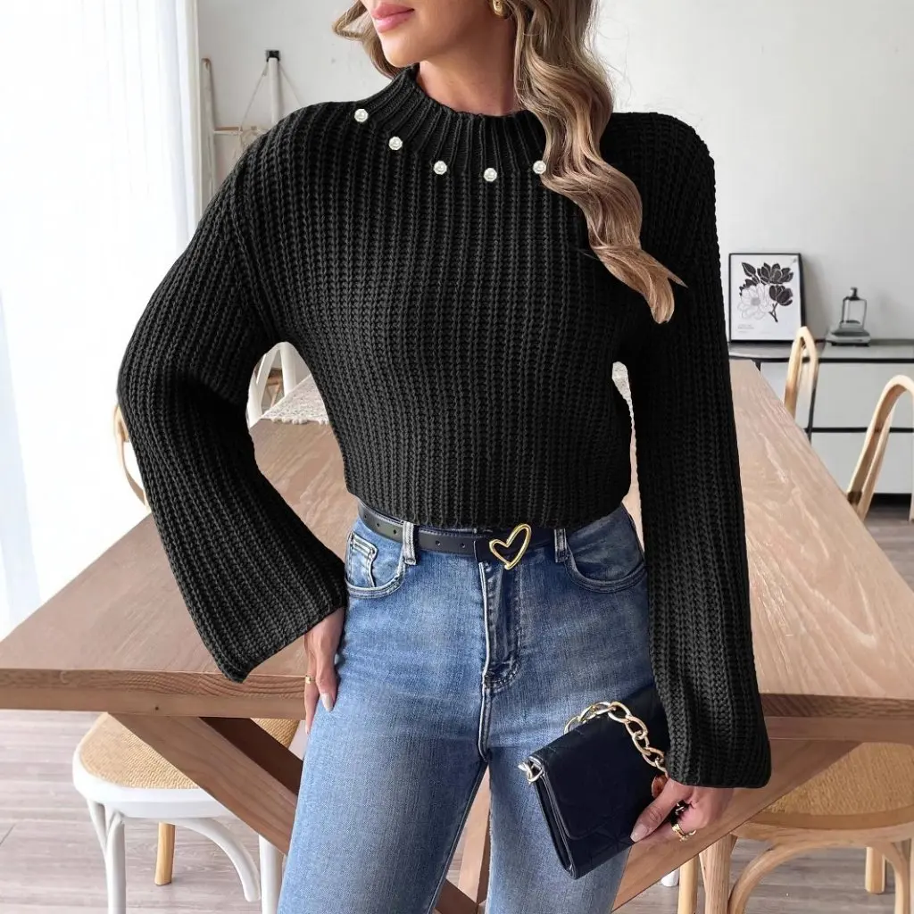 

Women's Pearl Beaded Woven Sweater Short Navel Top with European Style Horn Sleeve Mock Turtleneck Design