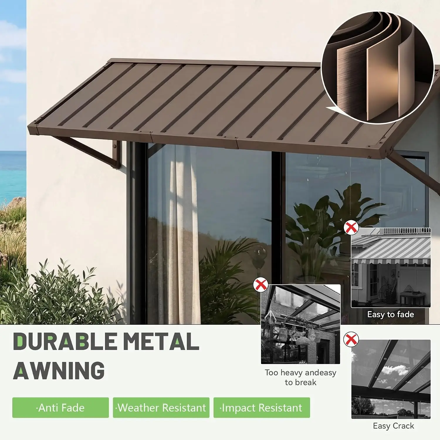 Metal Door Awning for Exterior Outdoor Use – Wind & Snow Resistant, Rustproof Powder-Coated Steel, Quiet Rain Performance, Universal Mount