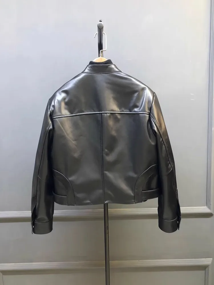 PUNK STAND COLLAR ผู้หญิงของแท้หนังซิปแขนยาว Sashes Cargo Outerwear Streetwear Sheepskin รถจักรยานยนต์สั้นเสื้อ