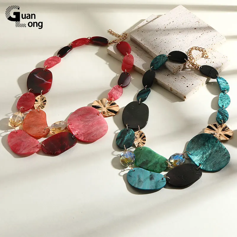 GuanLong Vintage Colored Chain Necklaces for Women Luxury Multi Layered Pendant Bib Necklace Mother\'s Day Gifts Choker Summer