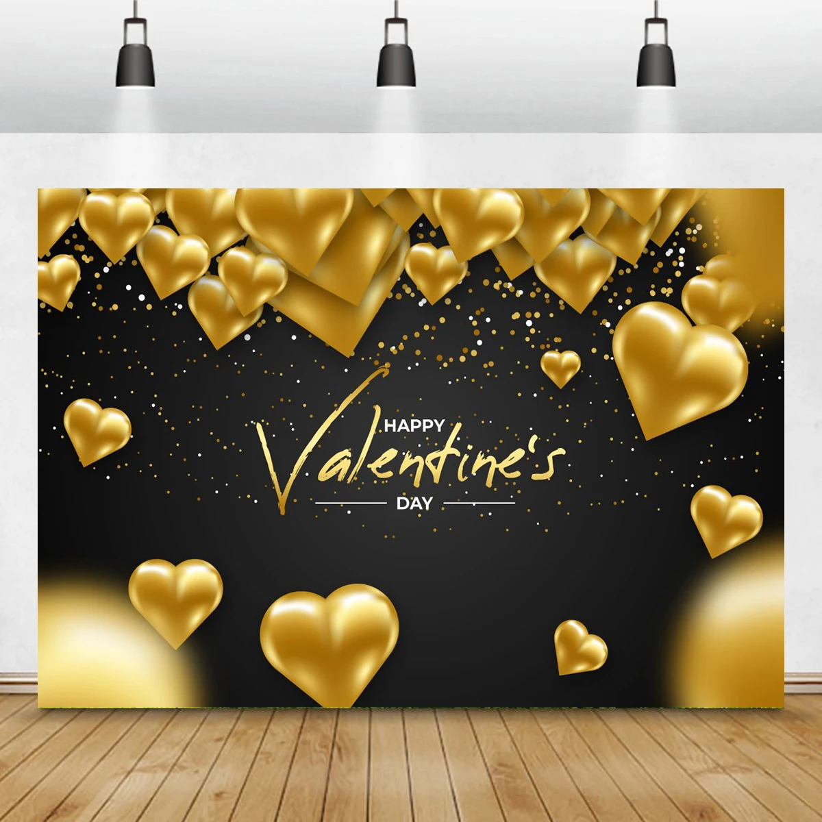 Golden Heart Balloons Backdrop Valentine's Day Black Background Wedding Engagement Anniversary Decoration Banner Photography