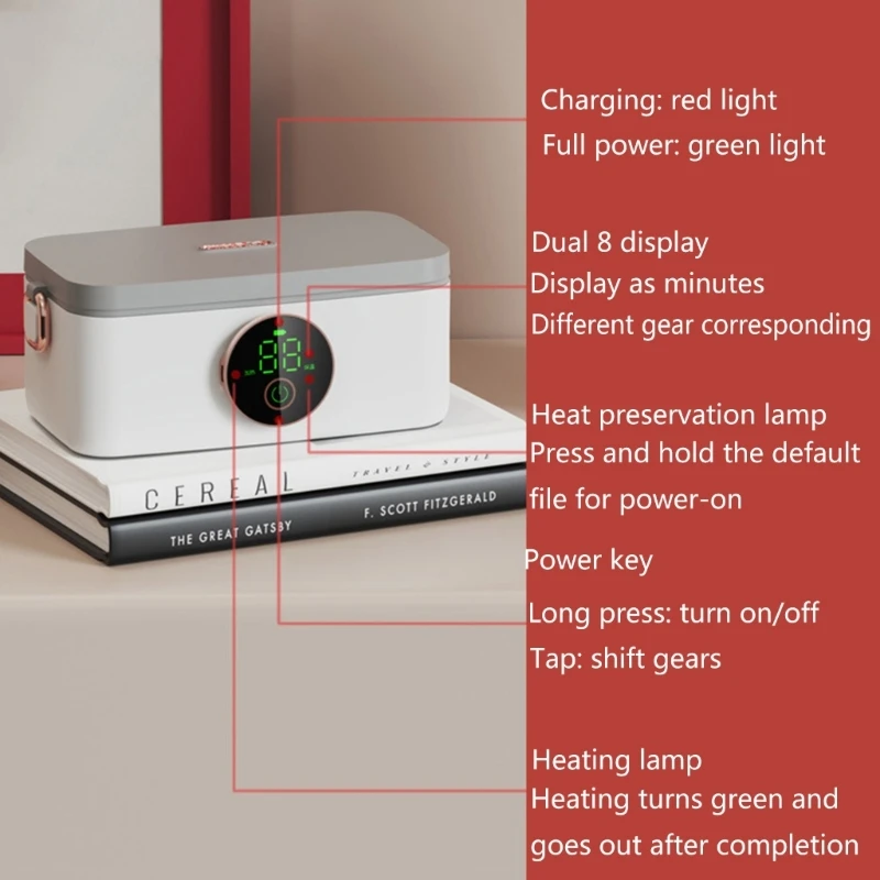 Heating Lunch Box for Work & School, Battery Powered Portable Food Warmer Lunch Container with 5-gear Heating Function