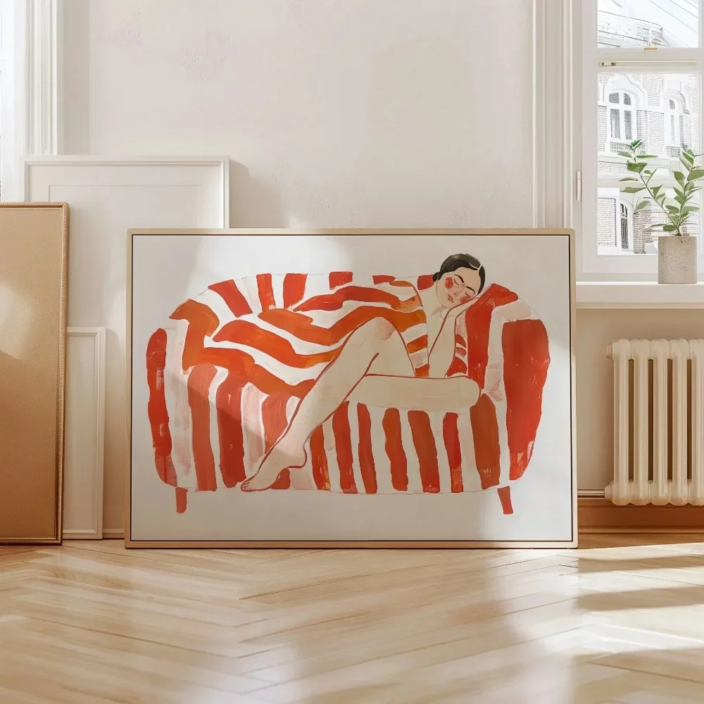 1pc frameless Canvas Painting 1pc Frameless Abstract Woman Reading and Drinking Coffee Canvas Printing Green Striped Woman Moder