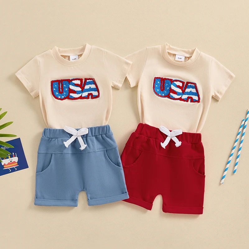 

2024-03-25 Lioraitiin Baby Boys 4th of July Clothes Set Short Sleeve Embroidery Letters T-shirt with Elastic Waist Shorts Outfit