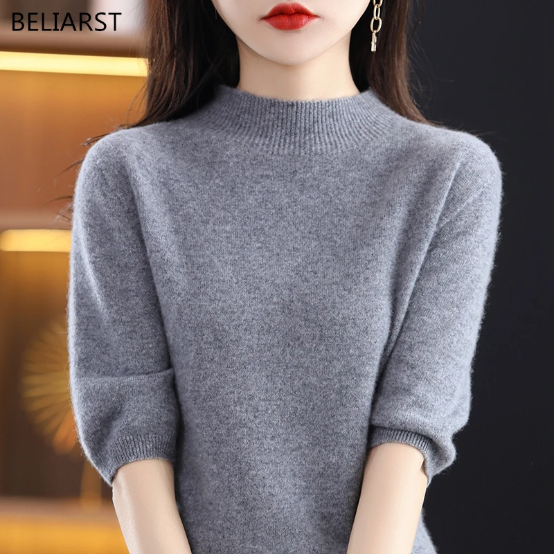 Women\'s T-shirt 100% Wool Sweater Women\'s Half High Neck Knitted Pullover 5/4 Sleeve Tops Solid Color fFashion Casual