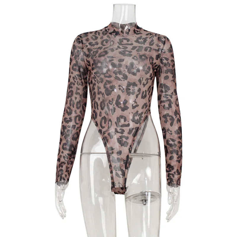 Новинка 2025, европейская и американская весенняя новая мода, персонализированный сетчатый комбинезон с длинными рукавами и леопардовым принтом, облегающий комбинезон Spice Girl