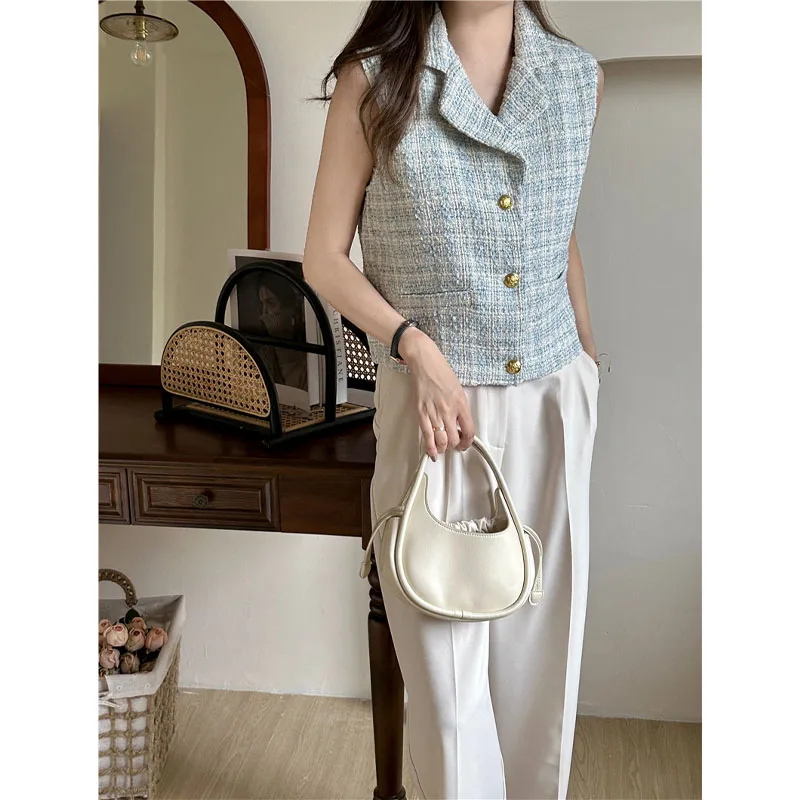 2024 New Women's Summer Fashion Simplicity Commute Versatile Button Spliced Short Suit Collar Vest Jacket Coarse Woolen Vest