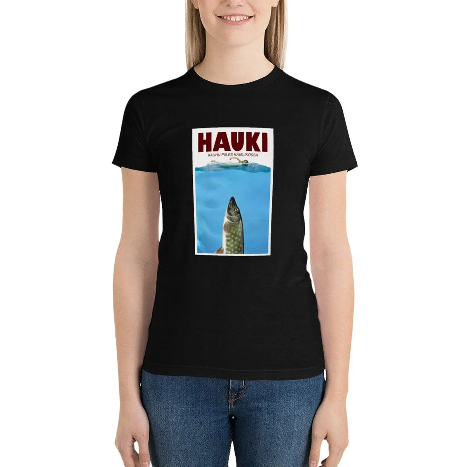 

Hauki horror movie Jaws parody Finland poster T-Shirt female summer clothes t-shirts for Women loose fit