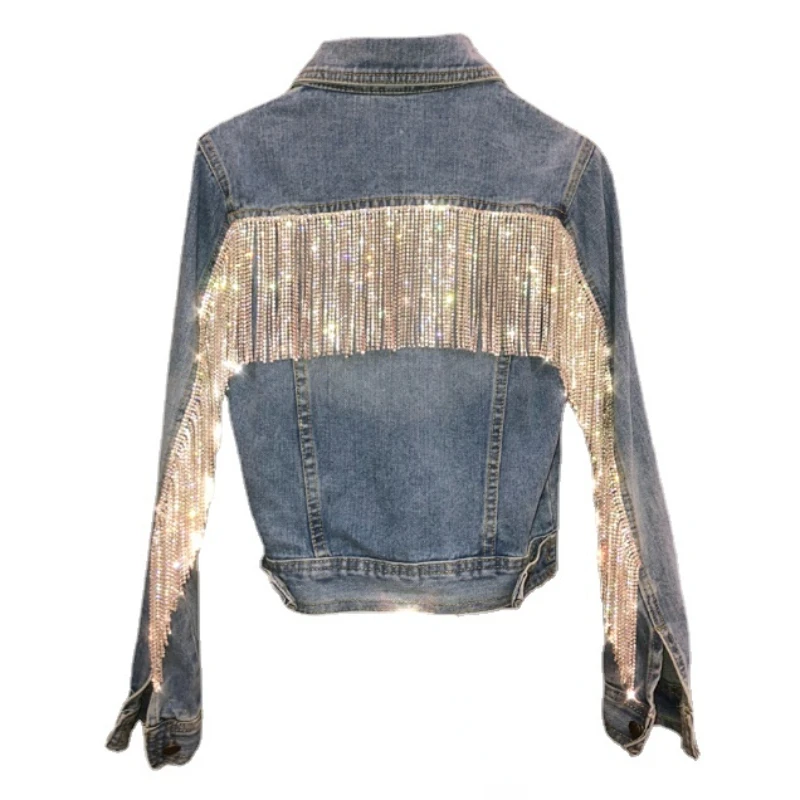 New Bling Rhinestone Tassel Chain Short Denim Jacket Woman Slim Blue Lapel Denim Jackets Ladies Jean Coat Chaqueta Mujer