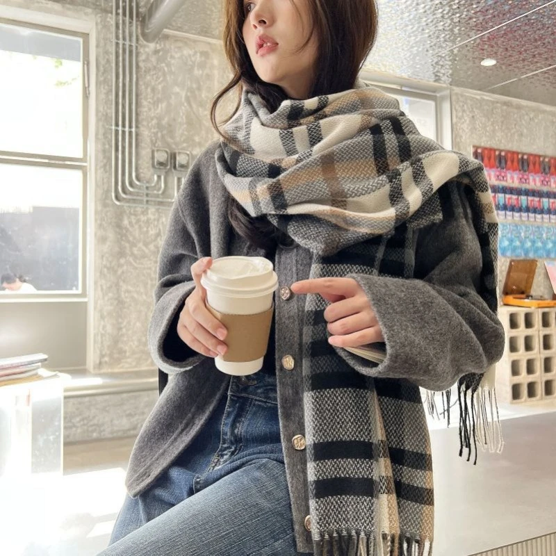 2024 Winter Thickened Scarf South Korea Sweet and Warm Imitation Cashmere Scarf Checkered Shawl Scarf Women\'s Versatile Fashion