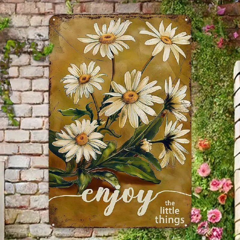 2D Flat, 2d Flat Enjoy The Little Things Daisy Metal Sign - Vintage-Inspired Wall Art with Rustic Floral Design, 12x8 Inch  Deco