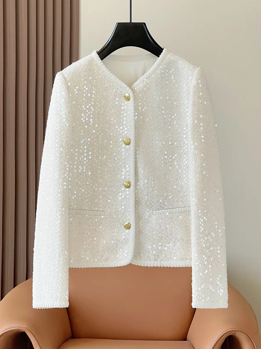 2024 Spring Autumn Korean Style Hot Fashion Women\'s High Quality Sequins Tweed Coat C876