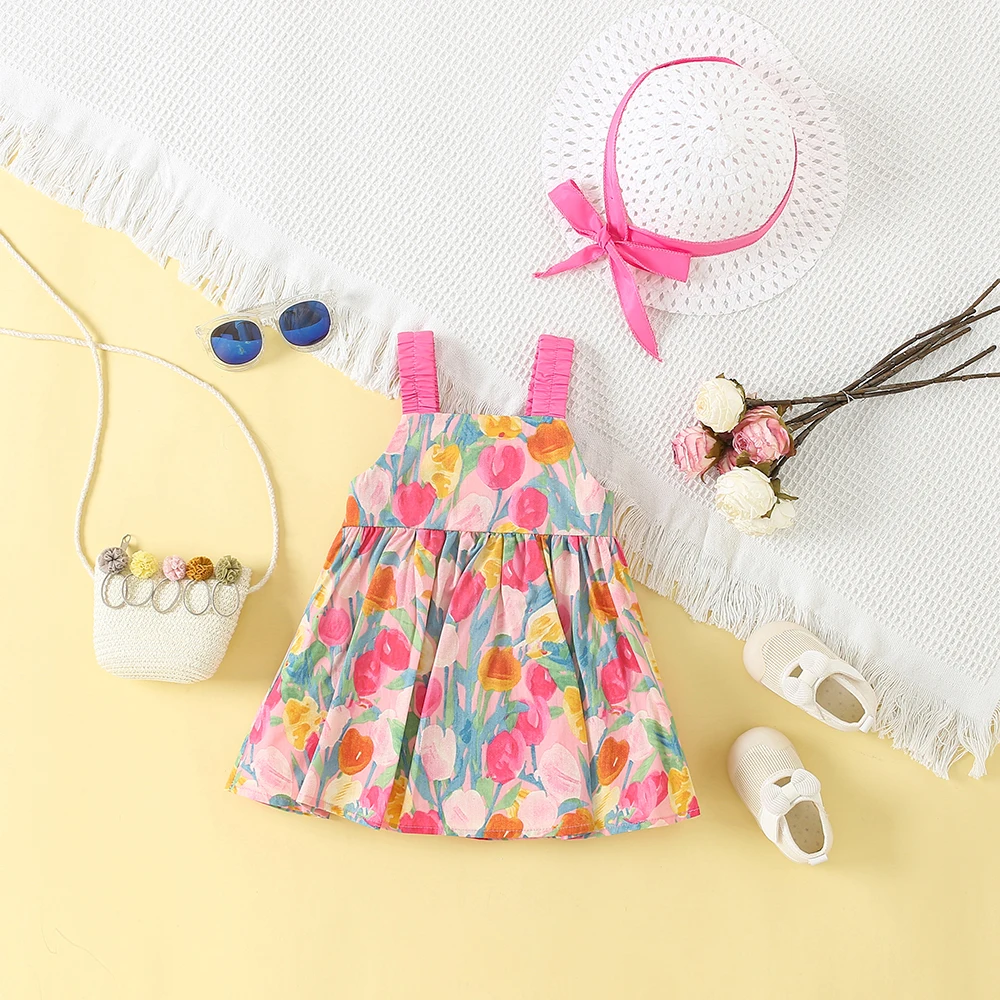 Baby Girl Dress Summer Bow And Tulip Pattern Dazzling Style Halter Baby Dresses Cute Casual Beach Girls Dress With Hat