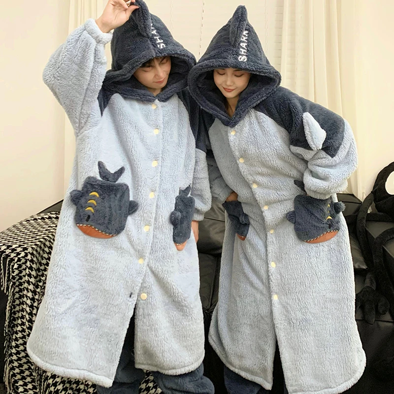 Kigurumis Winter Thick Women Night-robe Pajamas Hooded Soft Warm Men Nightgown Sleepwear Kawaii Shark Pijama Mujer Plush Home