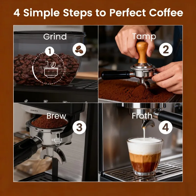 Machine à café professionnelle avec 30 tailles de broyage, broyeur de bavures coniques, fonction d'eau chaude, accessoires complets pour le bureau et la maison