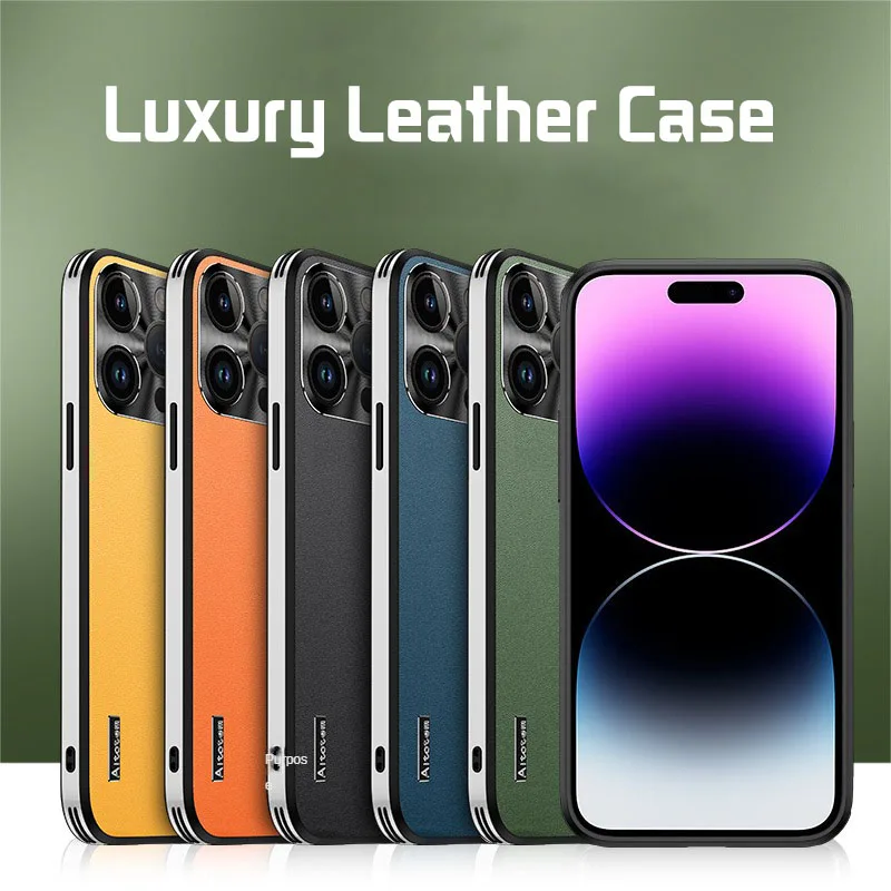 Luxury Leather Phone Case For IPhone 15 14 12 13 Pro Max Plus With Lens Protection TPU Border Shockproof Back Cover For Magsafe