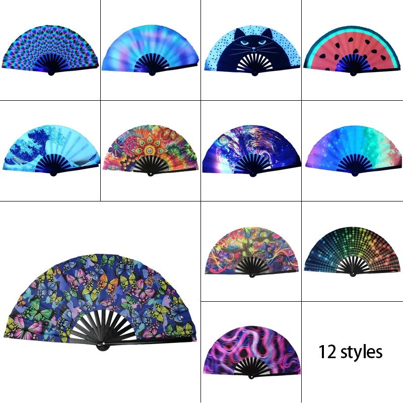 10 Inch UV Reflective Fabric Hand Folding Fan Ink Printed Multicolor Fluorescence Fans Rave Festival Party Large Loud Clack Fan