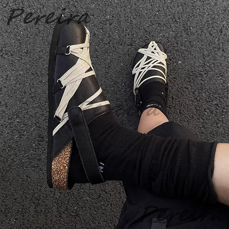 Black Leather Cross Strap Thick Soled Mules Summer New Detachable Round Toe Half Slippers Trendy Versatile Couple Casual Shoes