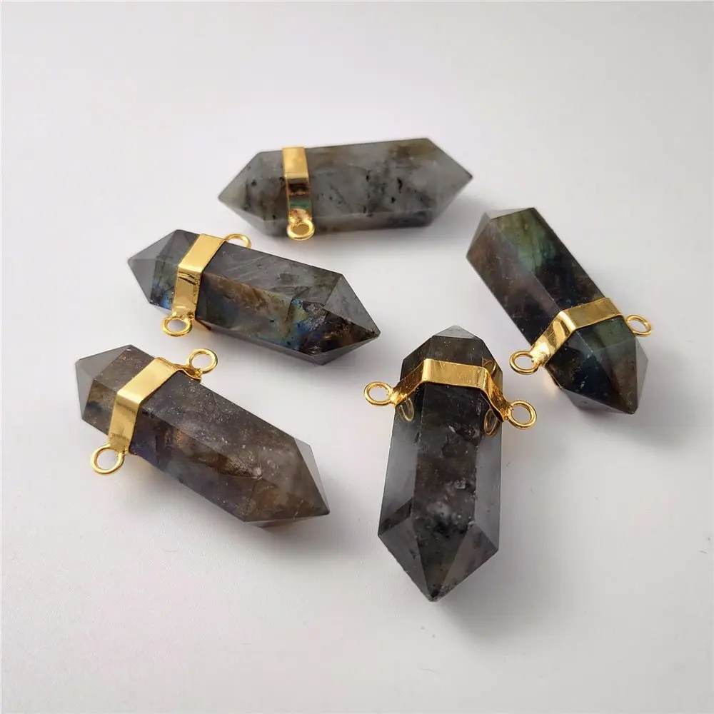 

FUWO Natural Labradorite Double Point Pendant,Handmade Faceted Energy Stone Necklace Accessories For Jewelry Making PD455 5Pcs