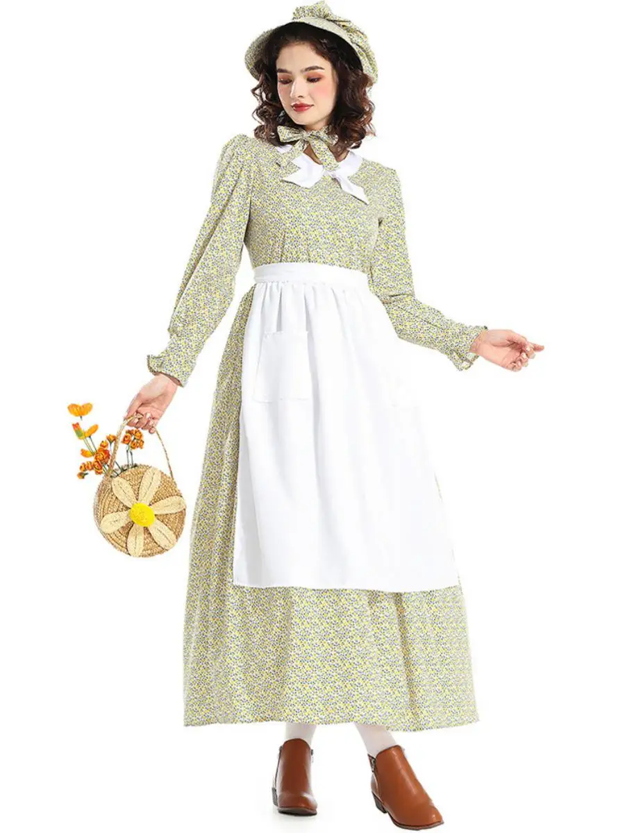 Nieuw Halloween-kostuum gele bloemenprint Dr. Schort Pionier Outfit Etnische kleding voor dames Toneelkostuum Polyester Materiaal