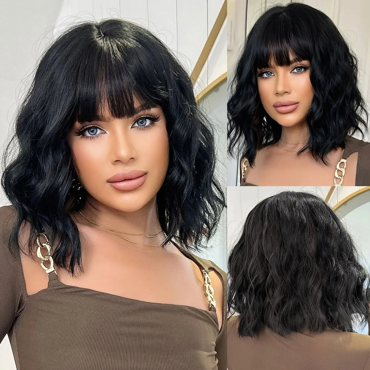 Elegant Short Curly Bob Wig with Bangs 130% Density | Heat-Resistant Synthetic | Water Wave Curl | Rose Net Cap Women's Fashion