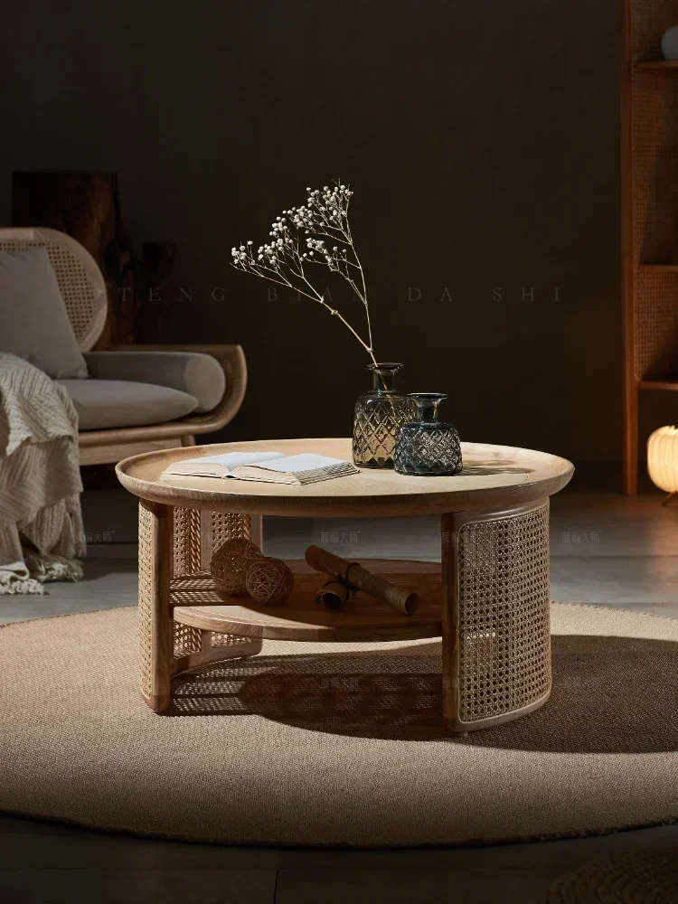 Solid Wood round Coffee Table Modern Minimalist Retro Rattan Tea Table Minimalist Living Room round Tea Table