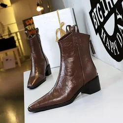 2026 Autumn/winter Women Boots Genuine Leather Western Boot Women Shoes Pointed Toe Chunky Heel Chelsea Boots Retro Ankle Boots