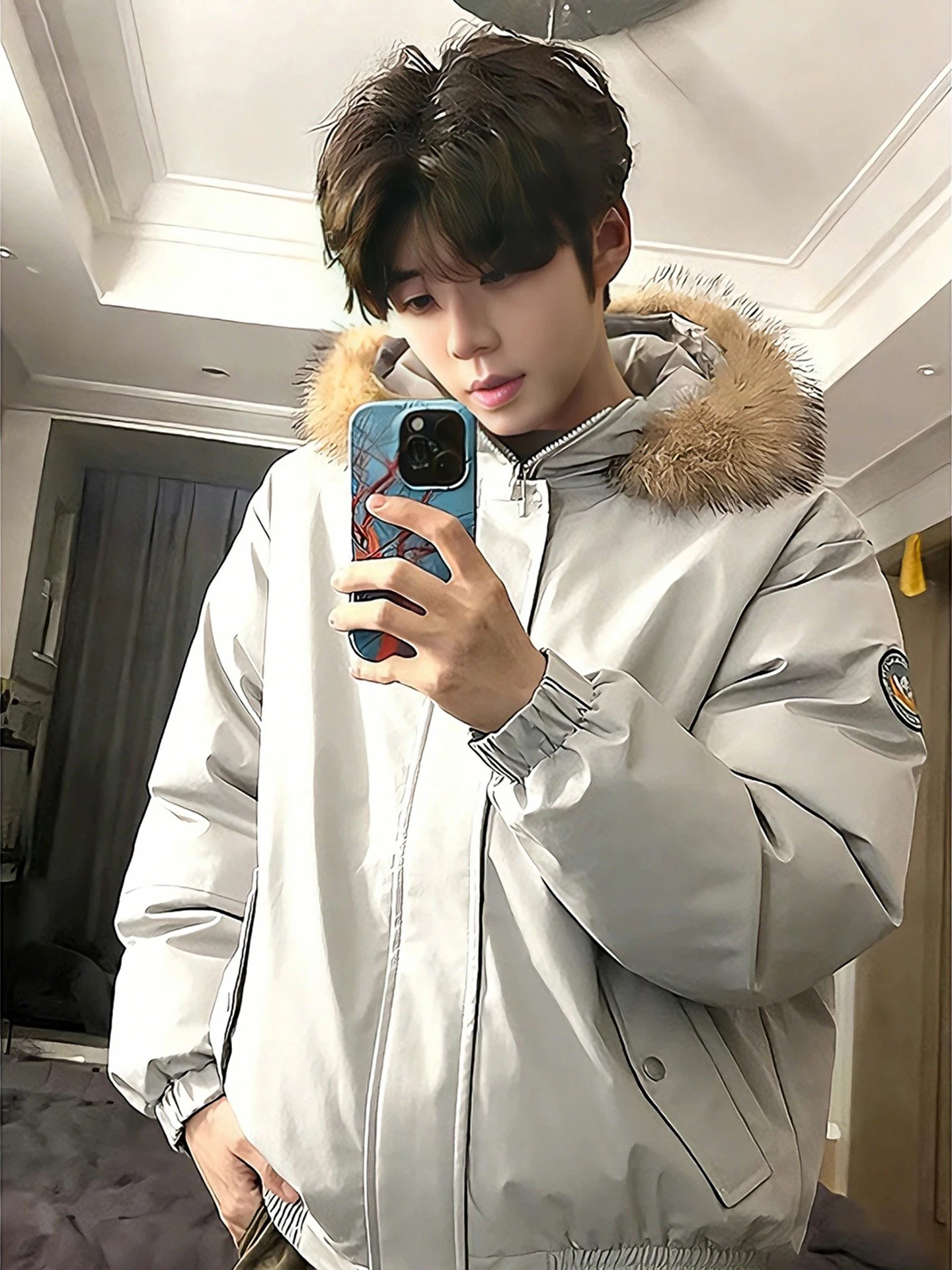 

Warm American Sle Men's Cotton Jaet Light ey Workwear Winter Design Fur Collar Parka High Quali Couples Coat