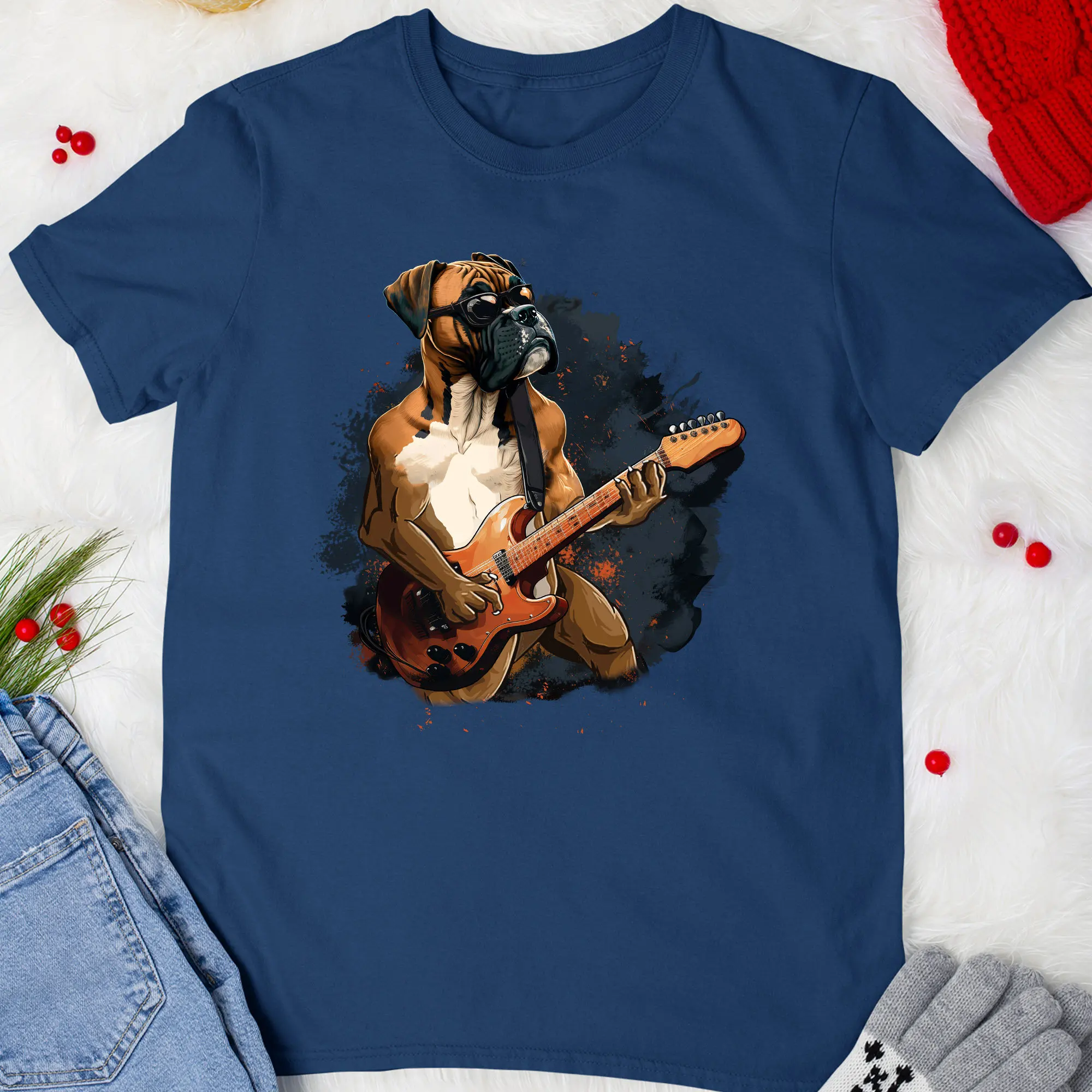 Boxer Dog Guitarist T Shirt Rock Playing Guitar and Roll Music Band Fans For