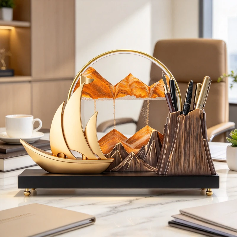Sailboat Pen Holder with Moving Sand Art Antique Bronze Desk Organizer Decorative Office Gift Box Home Study Decor 모래액자 펜꽂이