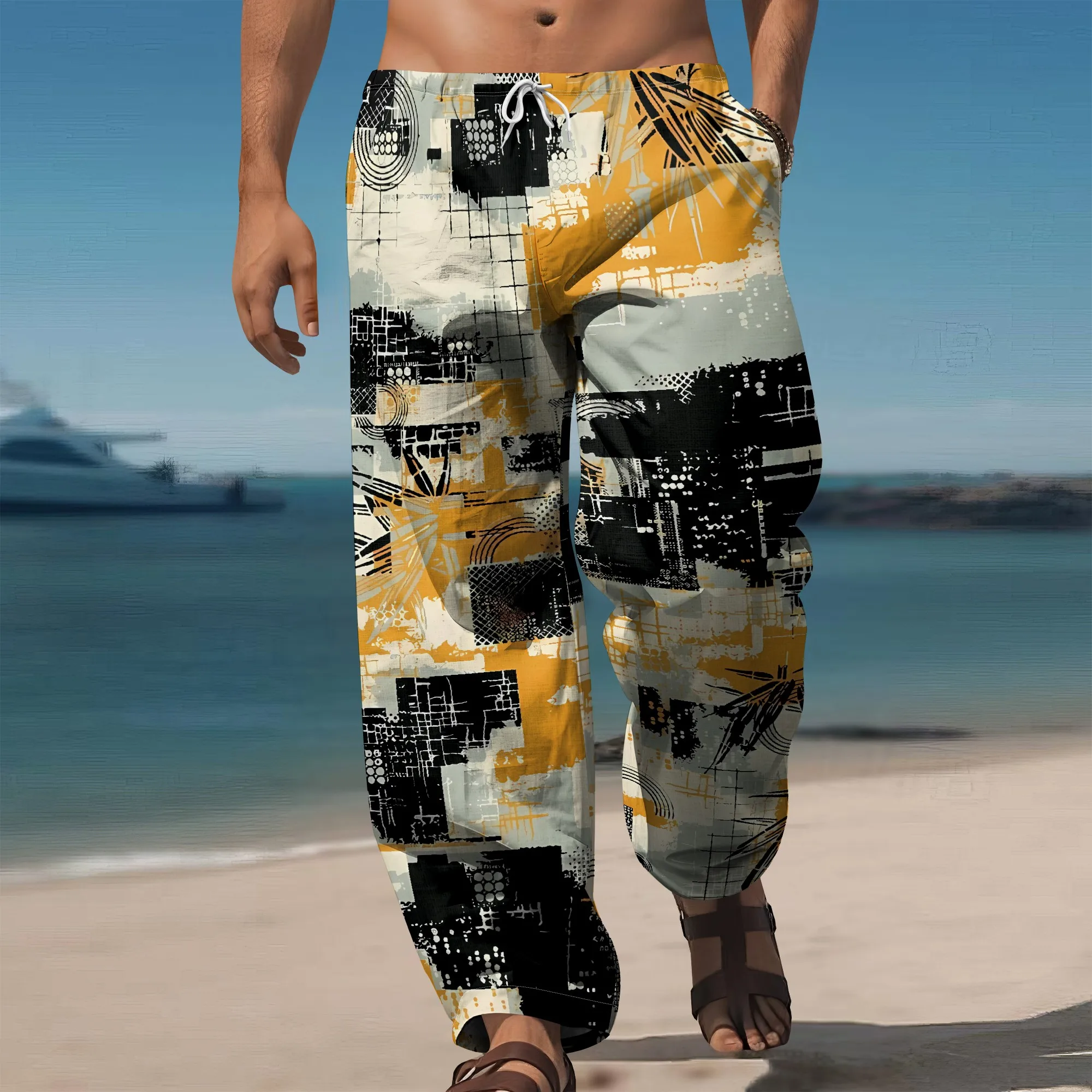 

YEAE Abstract Grid Print Pants for Men Summer Casual Loose Drawstring Trousers