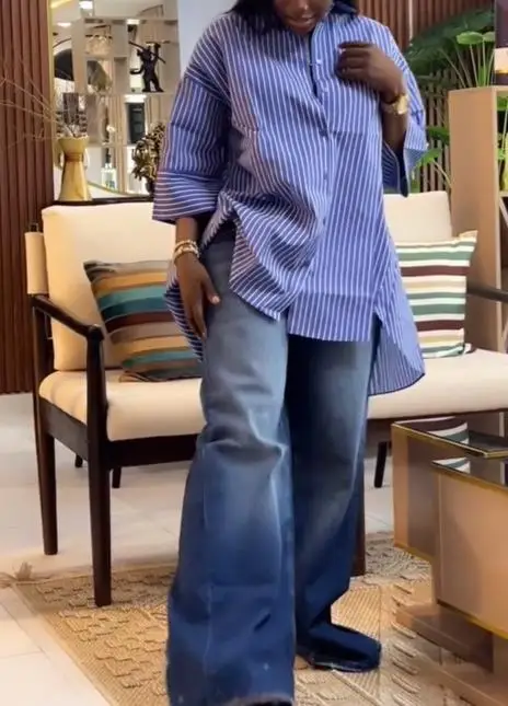 Women's clothing 2025 summer new fashion blue striped long sleeved shirt loose and slim fit long sleeved top