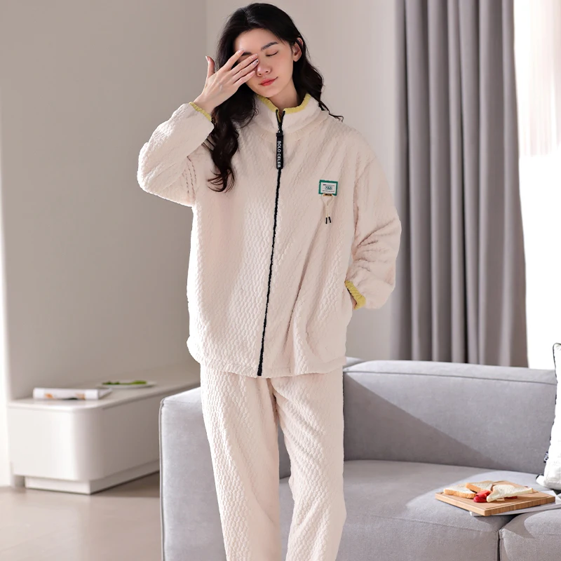 Winter Thick Warm Women Casual Flannel Pajamas Set Long Sleeve Female Homewear