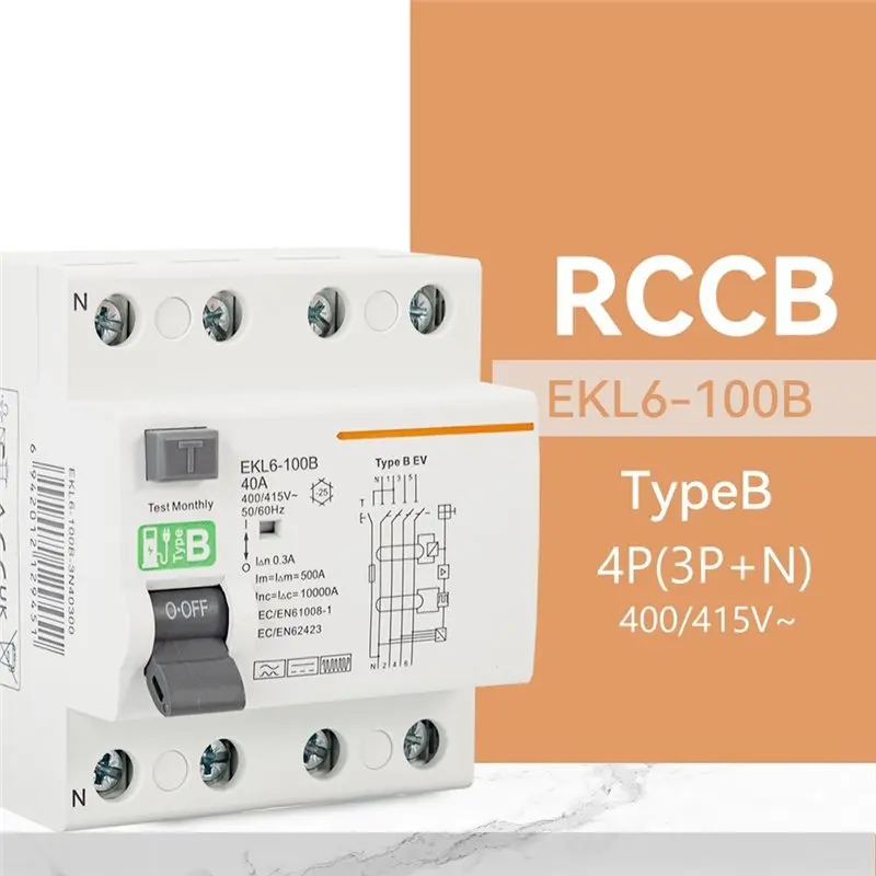TFORU-RCD RCCB Type B Earth Leakage Residual Current Circuit Breaker Evse 4P 40A 300Ma EKL6-100B Din Rail 220V
