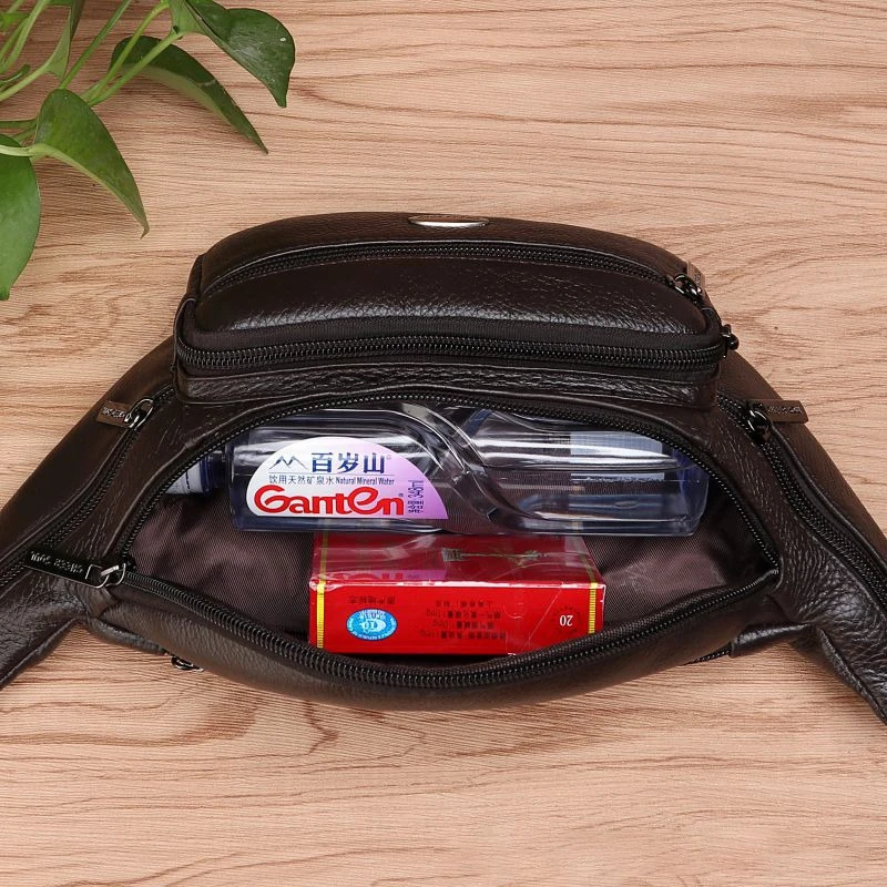 Genuine Leather Men Waist Fanny Pack Bags Sling Chest Pocket Pouch Travel Hiking Male Real Cowhide Loop Hip Belt Bum Bag