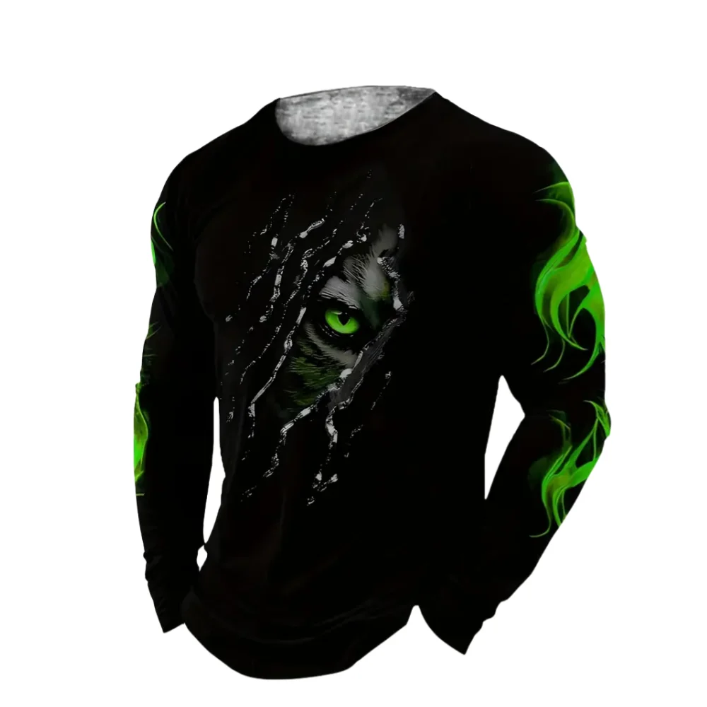 Men Clothing 3D Print Flame Scratch T-Shirt Autumn Daily Casual Round Neck Long Sleeve Pullover Loose Creative Comfortable Tops