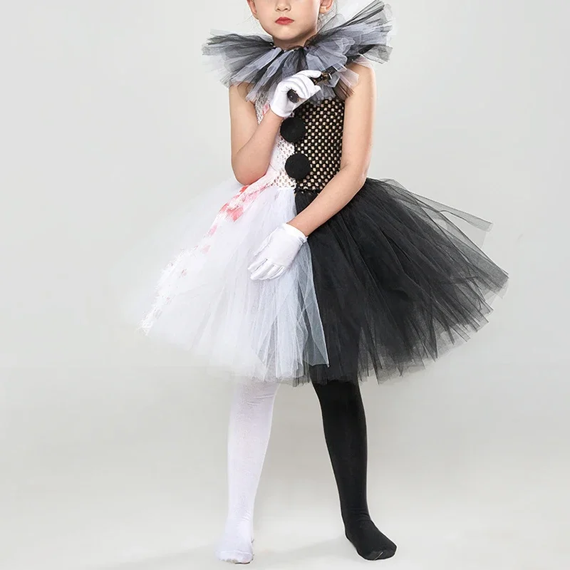 

2-12T Toddler Clown Costume Set Girls Sheer Dress Knife Socks Gloves Hairpin Set Suit for Halloween Party Cosplay Costume