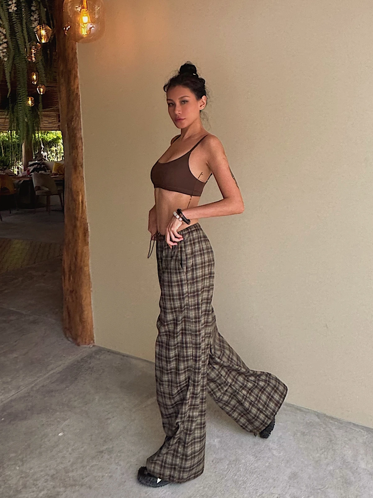 

High Waist Loose Fit Casual Plaid Drawstring Trousers Slimming Effect Spring Autumn High Quality Women's Fashion Pants