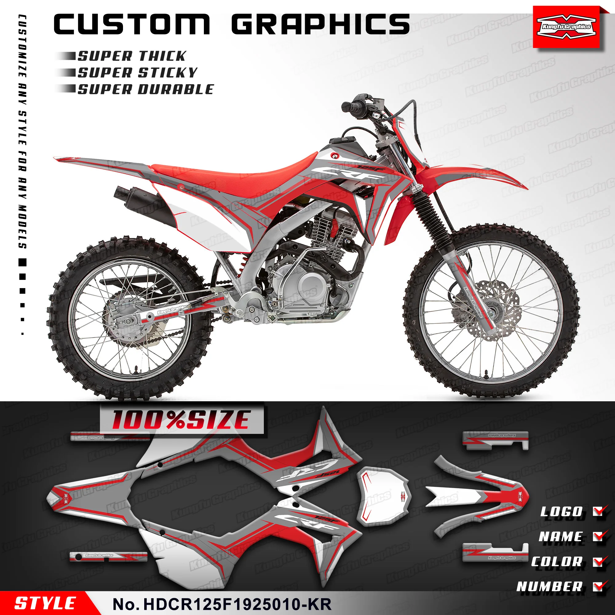 KUNGFU GRAPHICS Custom Stickers Vinyl Decal for Honda CRF 125F CRF125F 2019 2020 2021 2022 2023 2024 2025, HDCR125F1925010-KR