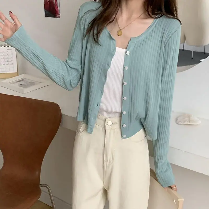 Women Clothing Chic Solid Vertical Grain Button Cardigan Summer Casual Loose O-neck Short Sleeve T-shirt Fashion All-match Tops