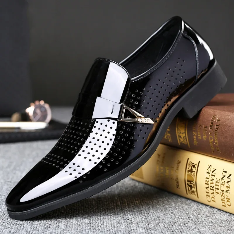 Formal Leather Shoes for Men Concise Slip on Dress Male Footwear Business Office Pointed Summer Breathable Hollow Man Loafers