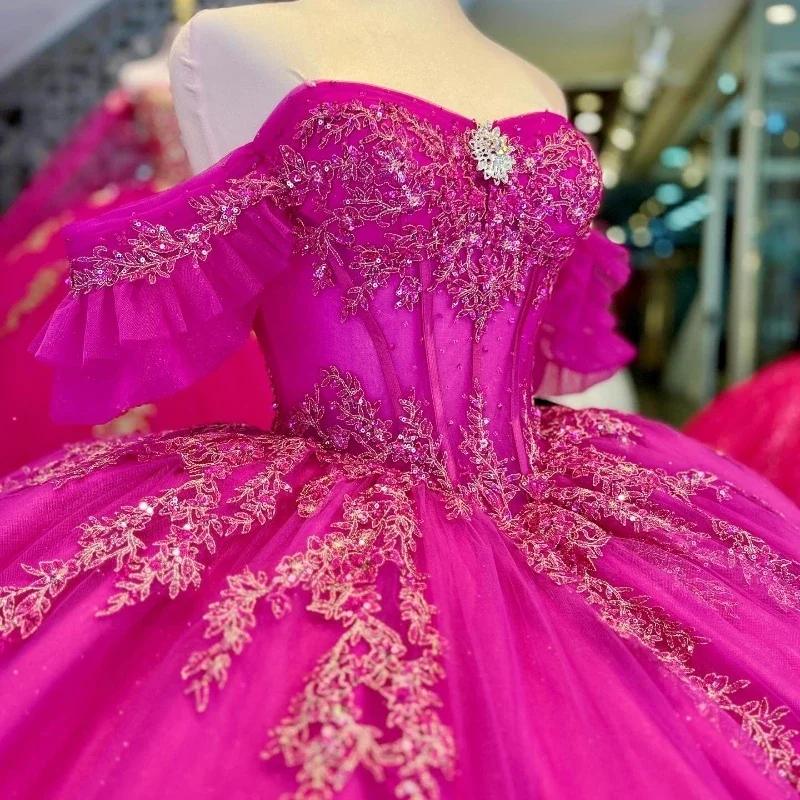 ANGELSBRIDEP Rose Red Quinceanera Dresses Off Shoulder Lace Applique Beads Tull Sweet 16 Dress Birthday Party Gown Customized